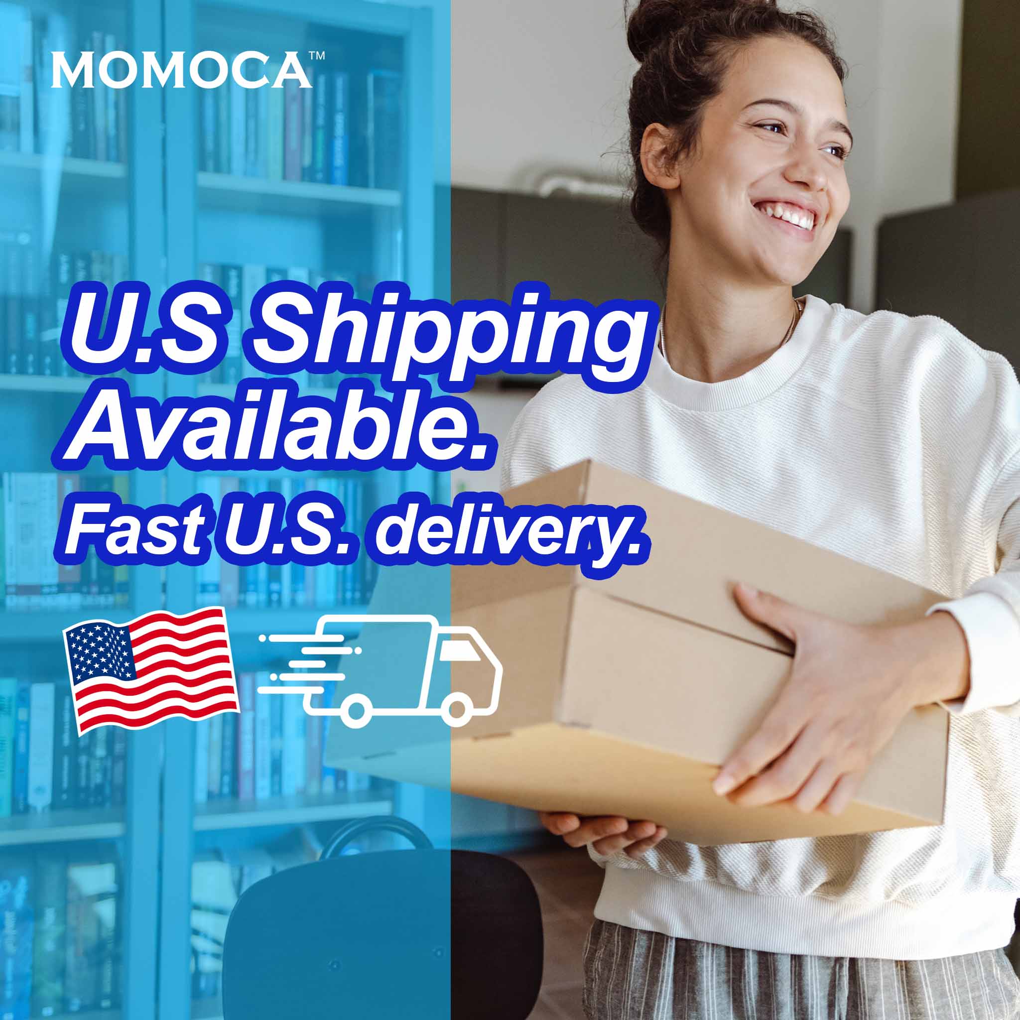 Woman holding a cardboard box with text about U.S. shipping and delivery, featuring the MomoCA brand.
