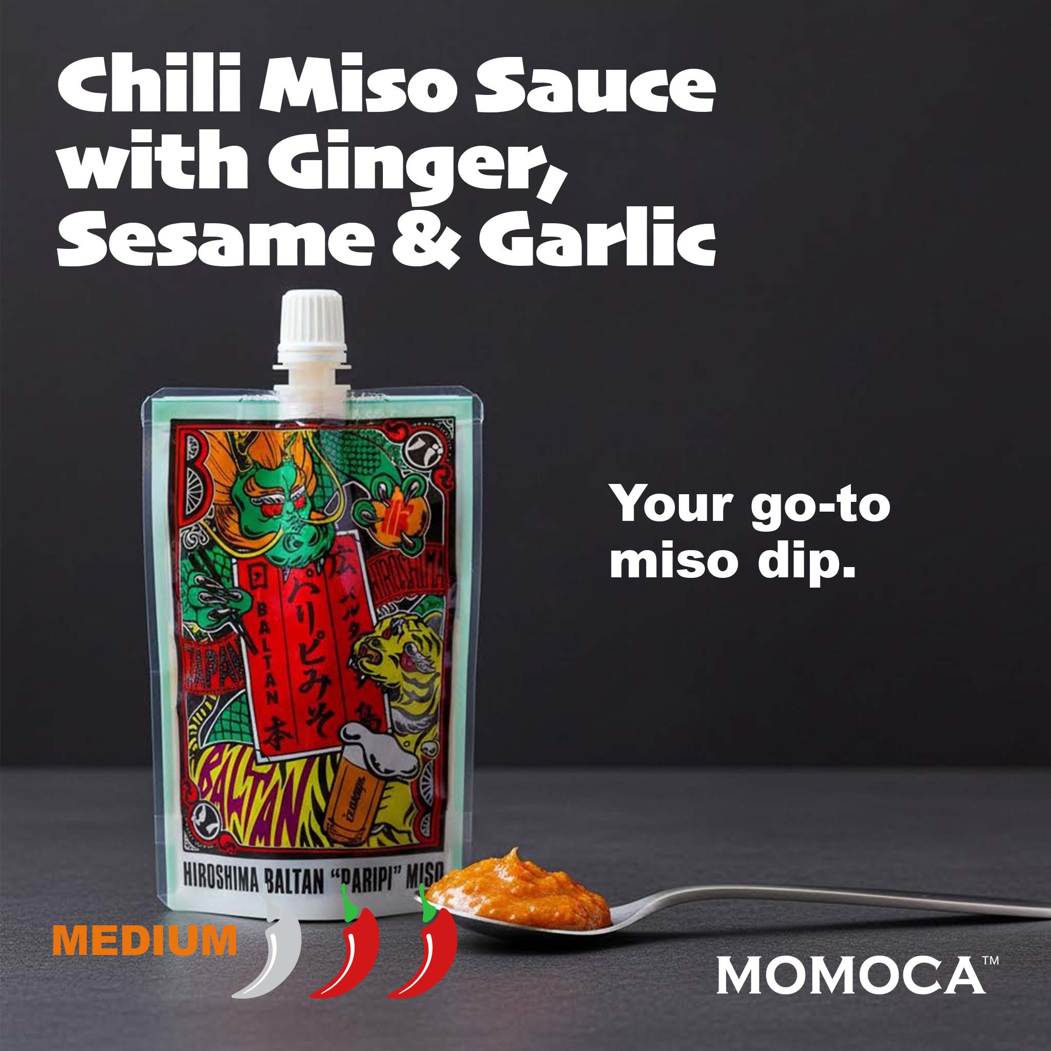 Packaged chili miso sauce with ginger, sesame, and garlic on a dark background, featuring the brand 'MOMOCA'.