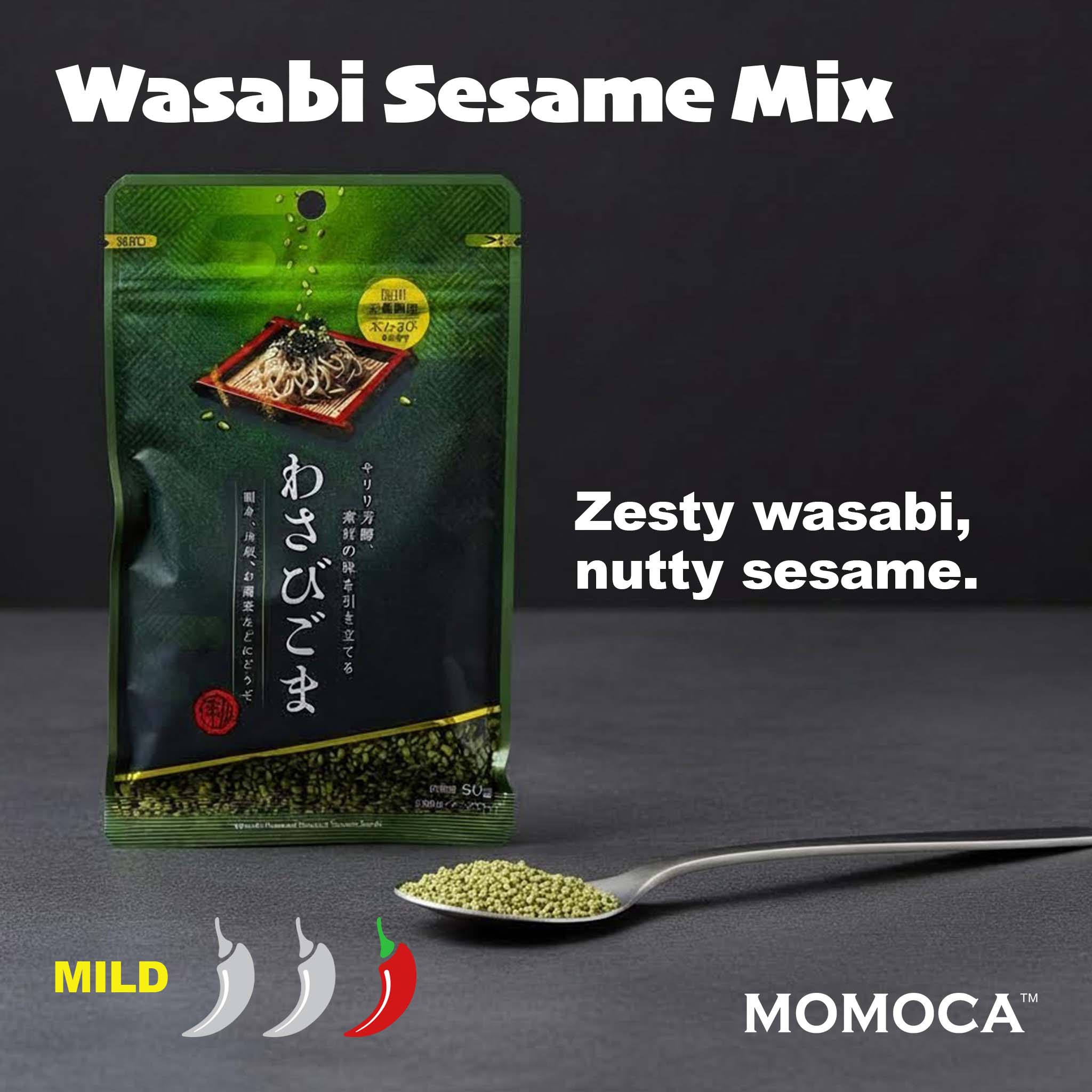 Packaging of Wasabi Sesame Mix with a spoonful of mix and branding details on a dark background.