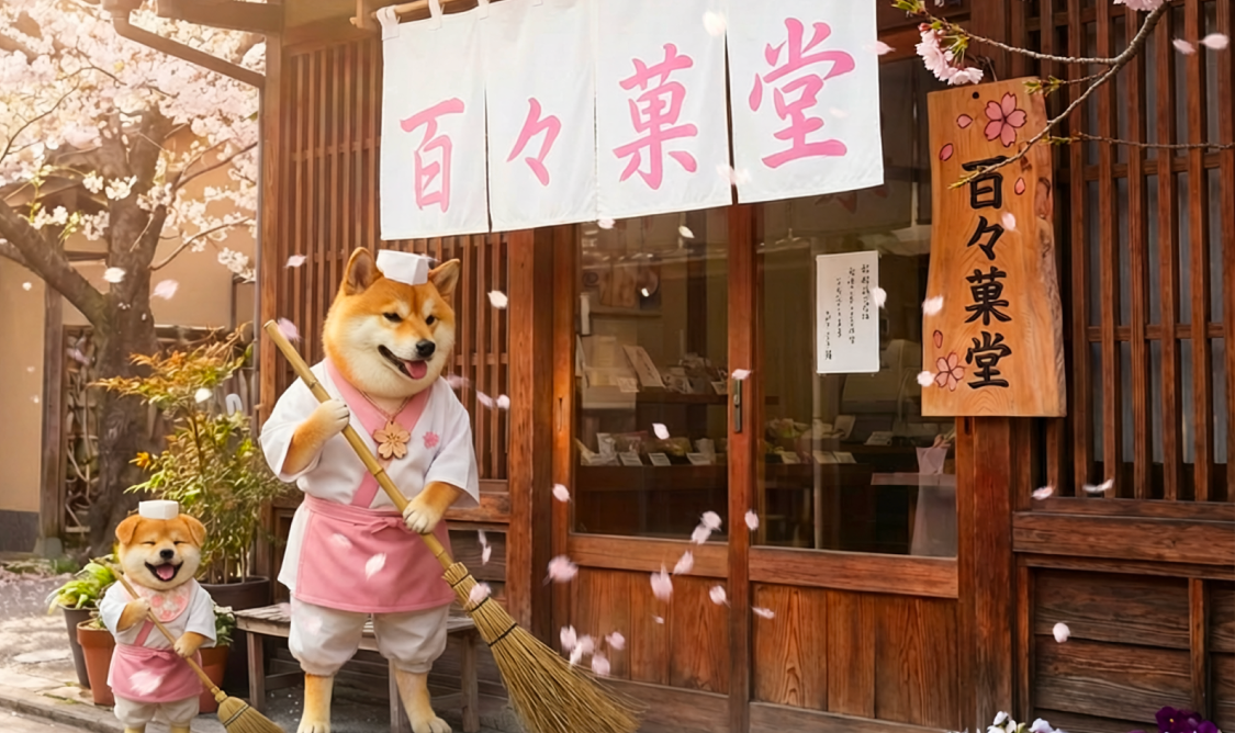 Traditional Japanese shopfront with cherry blossoms and dog mascot in front