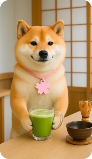 Dog holding a glass of green juice in a Japanese-style room