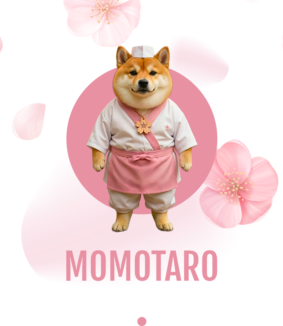 Dog in a kimono with cherry blossoms on a pink background, labeled 'Momotaro'.
