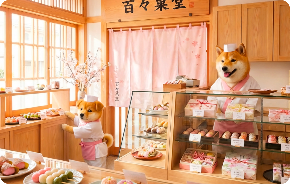 Dessert shop interior with dog-themed characters and pastries