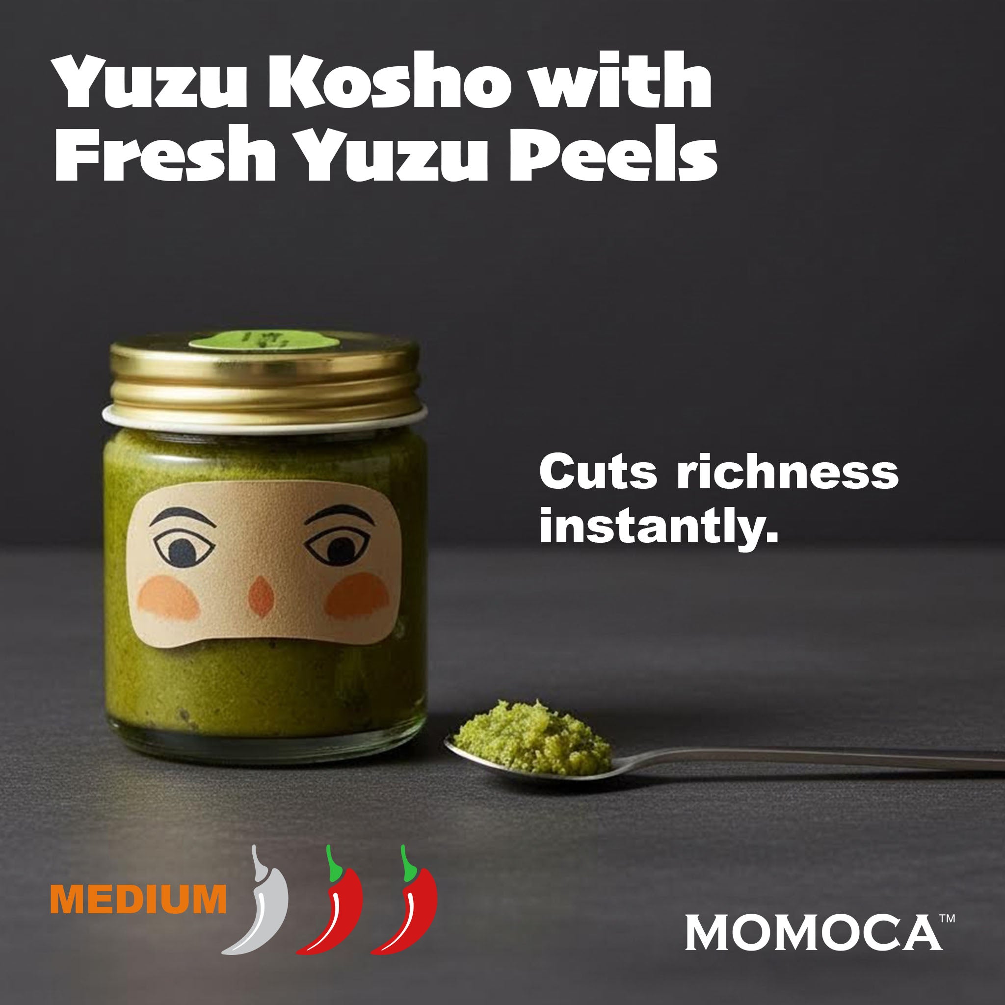 Jar of Yuzu Kosho with fresh yuzu peels on a dark background, featuring MOMOCA branding.