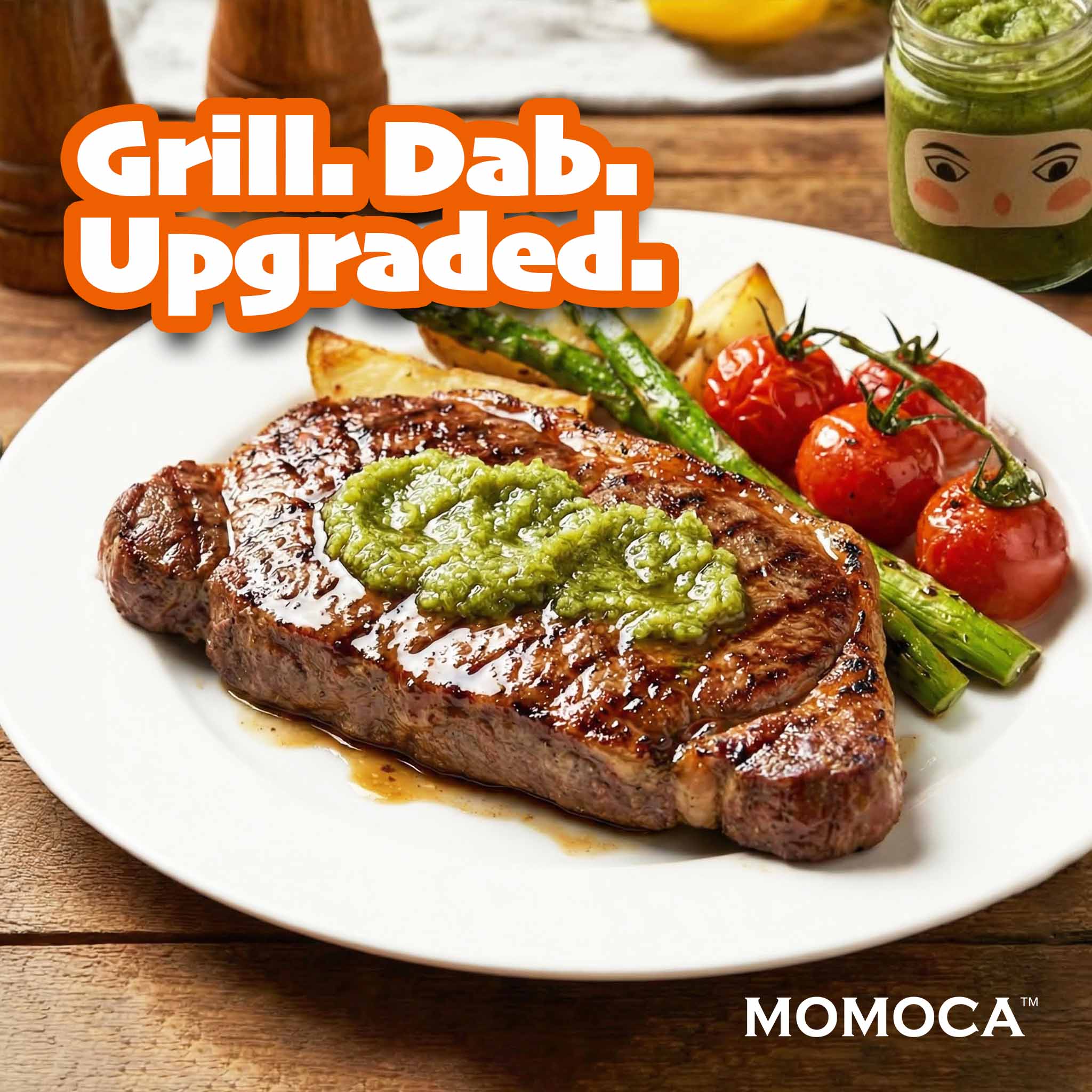 Steak with green sauce on a plate with vegetables, featuring 'Grill. Dab. Upgraded.' text and MOMOCA branding.