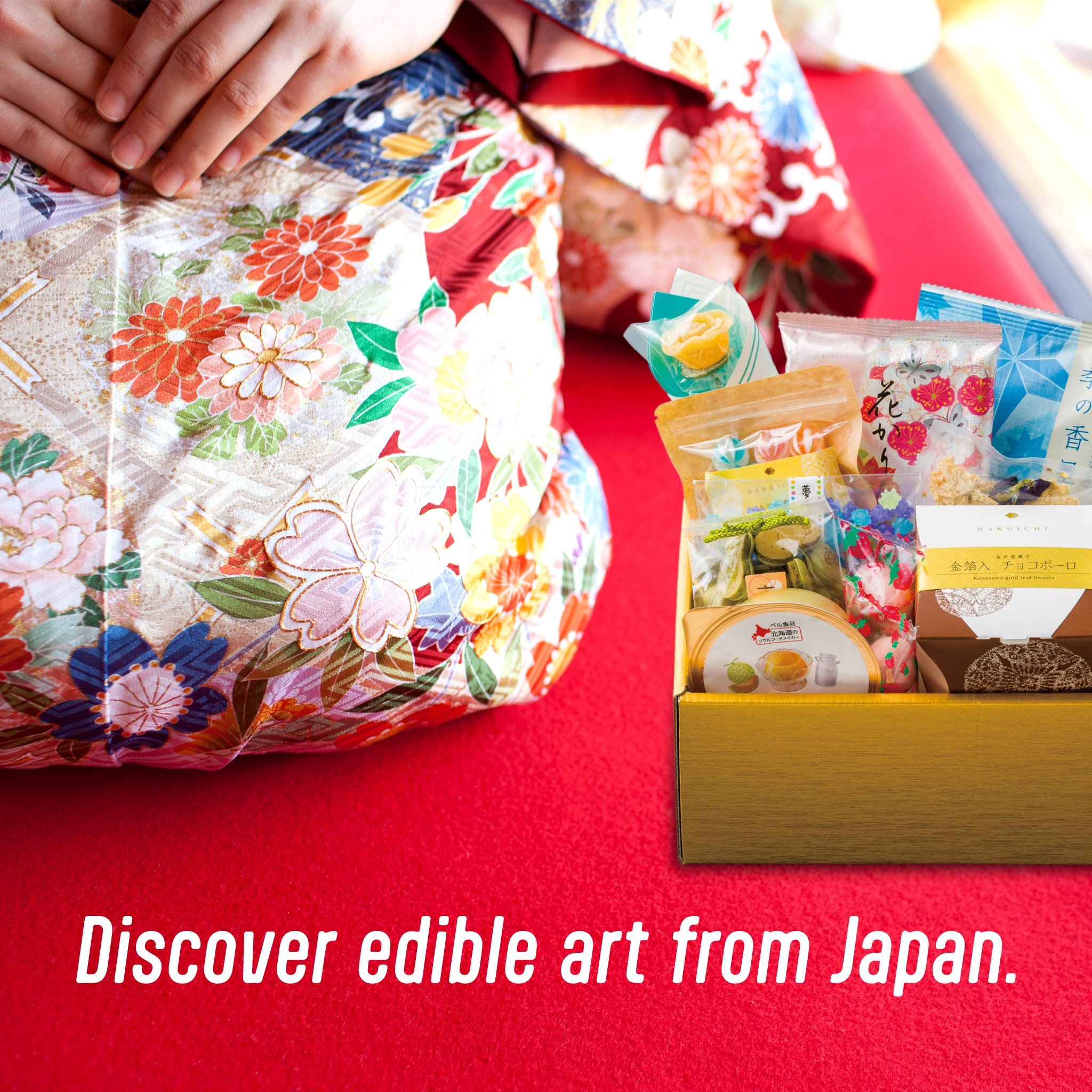 Edible art products with traditional Japanese design on a red surface, text 'Discover edible art from Japan'.