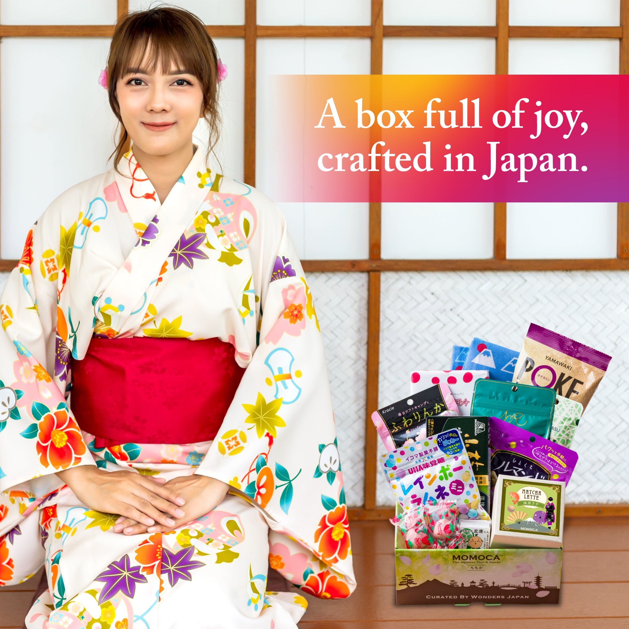 Woman in a colorful kimono sitting next to a box of Japanese snacks with text 'A box full of joy, crafted in Japan.'