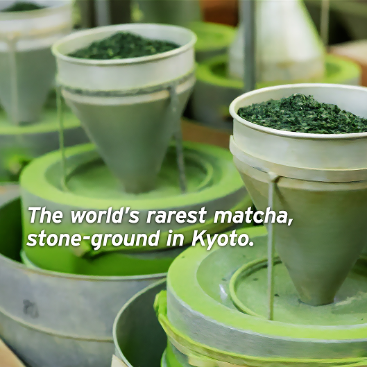 Stone-ground matcha in green containers with text overlay.