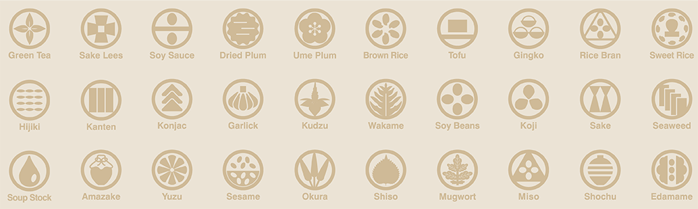 A set of oval icons featuring authentic Japanese snacks on a beige background.