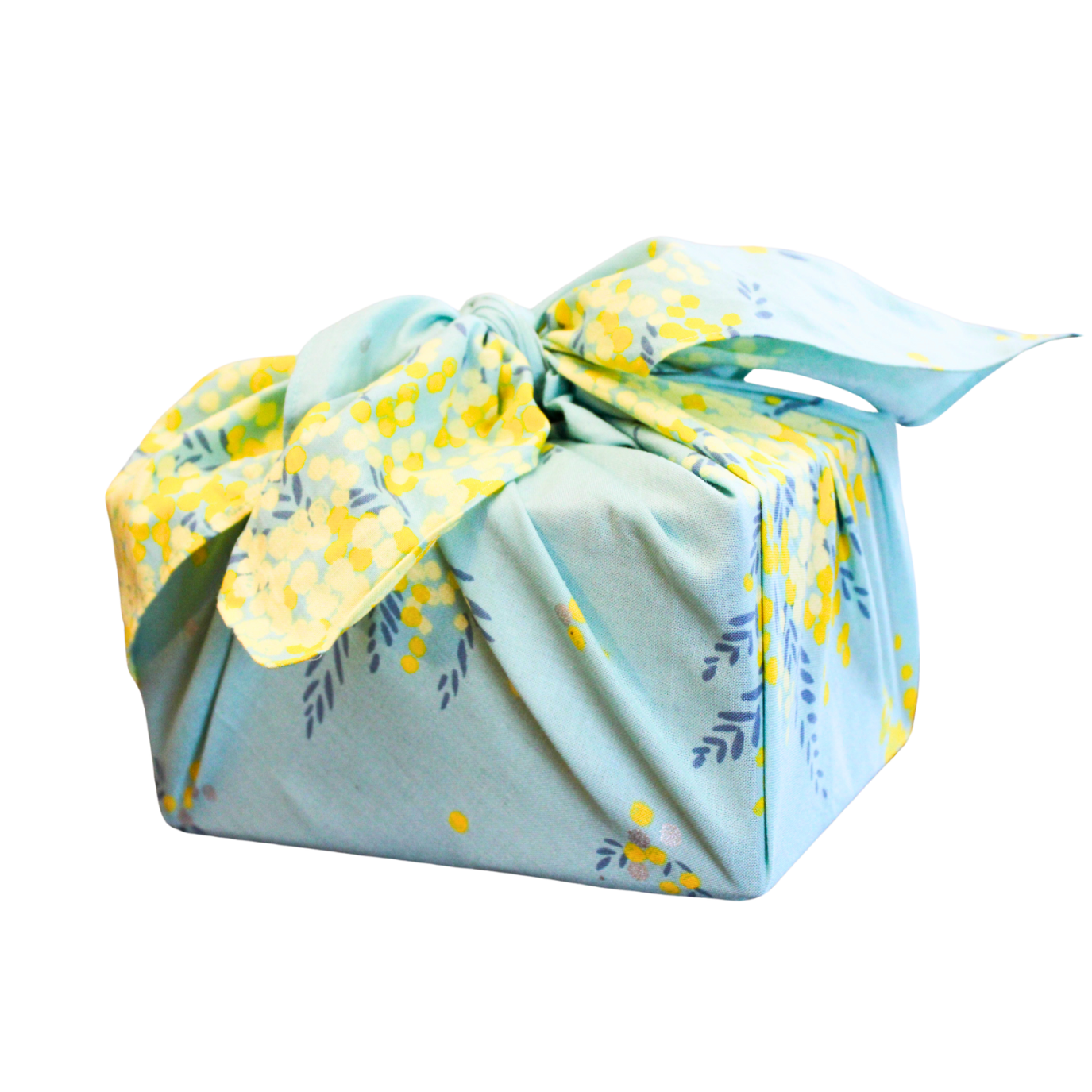 Light blue fabric gift wrap with yellow floral patterns on a white background
