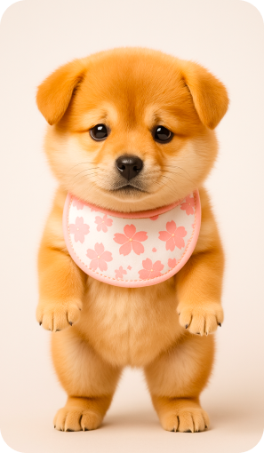 Small dog wearing a pink floral bib on a beige background
