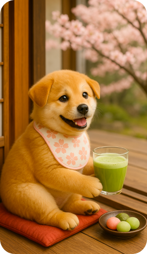Puppy with a bib holding a glass of green juice on a wooden floor with cherry blossoms in the background.