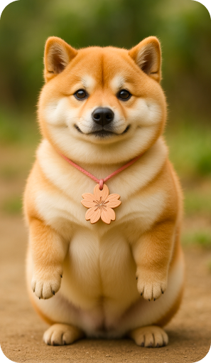 Shiba Inu dog wearing a pink flower-shaped tag on a blurred natural background