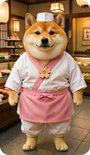 Dog in a chef's outfit standing in a Japanese restaurant setting